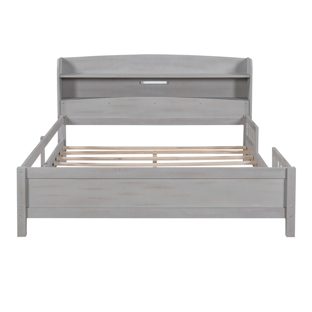Wood Platform Bed With Built In LED Light, Storage Headboard And Guardrail