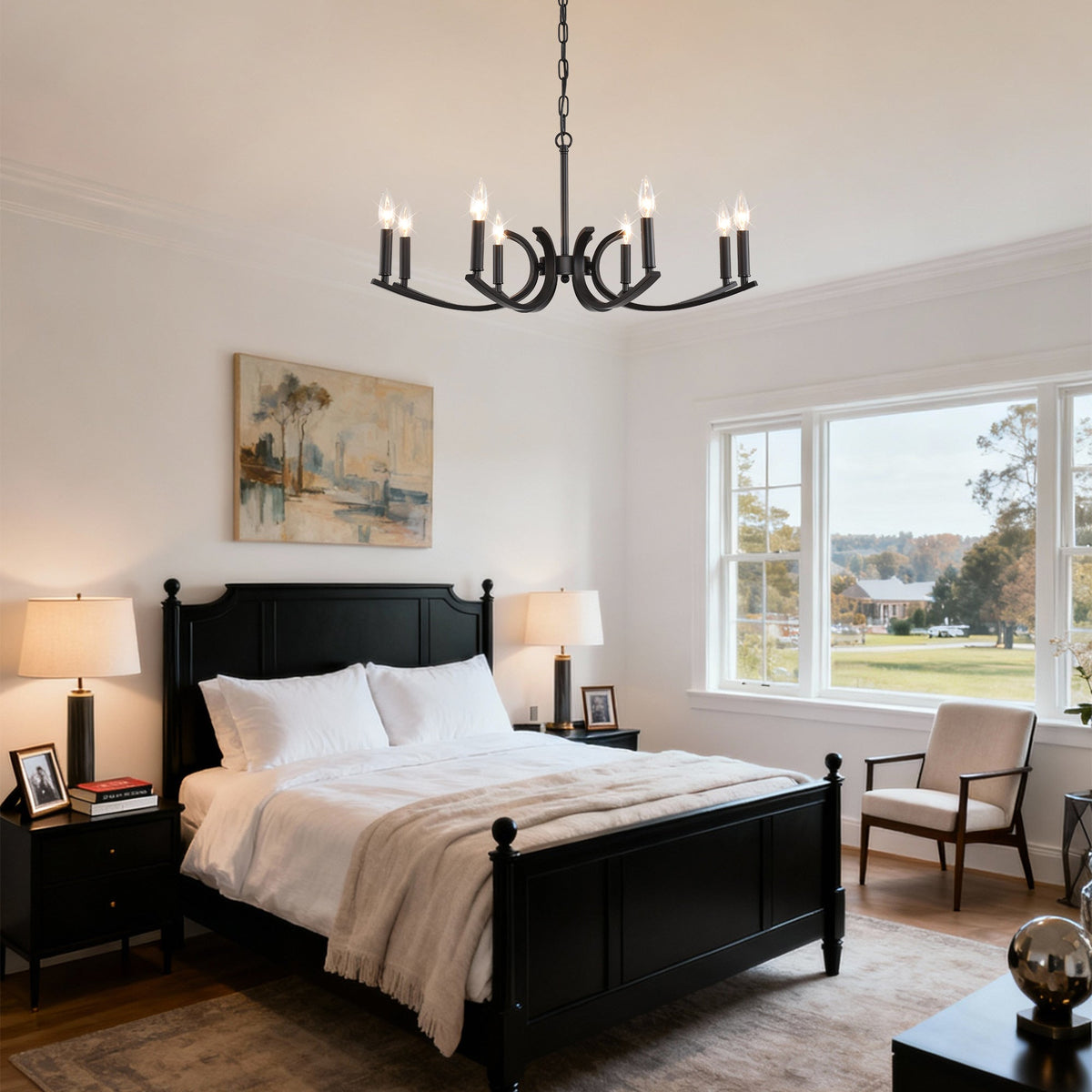 8-Light Farmhouse Chandelier with Adjustable Height - Black Metal