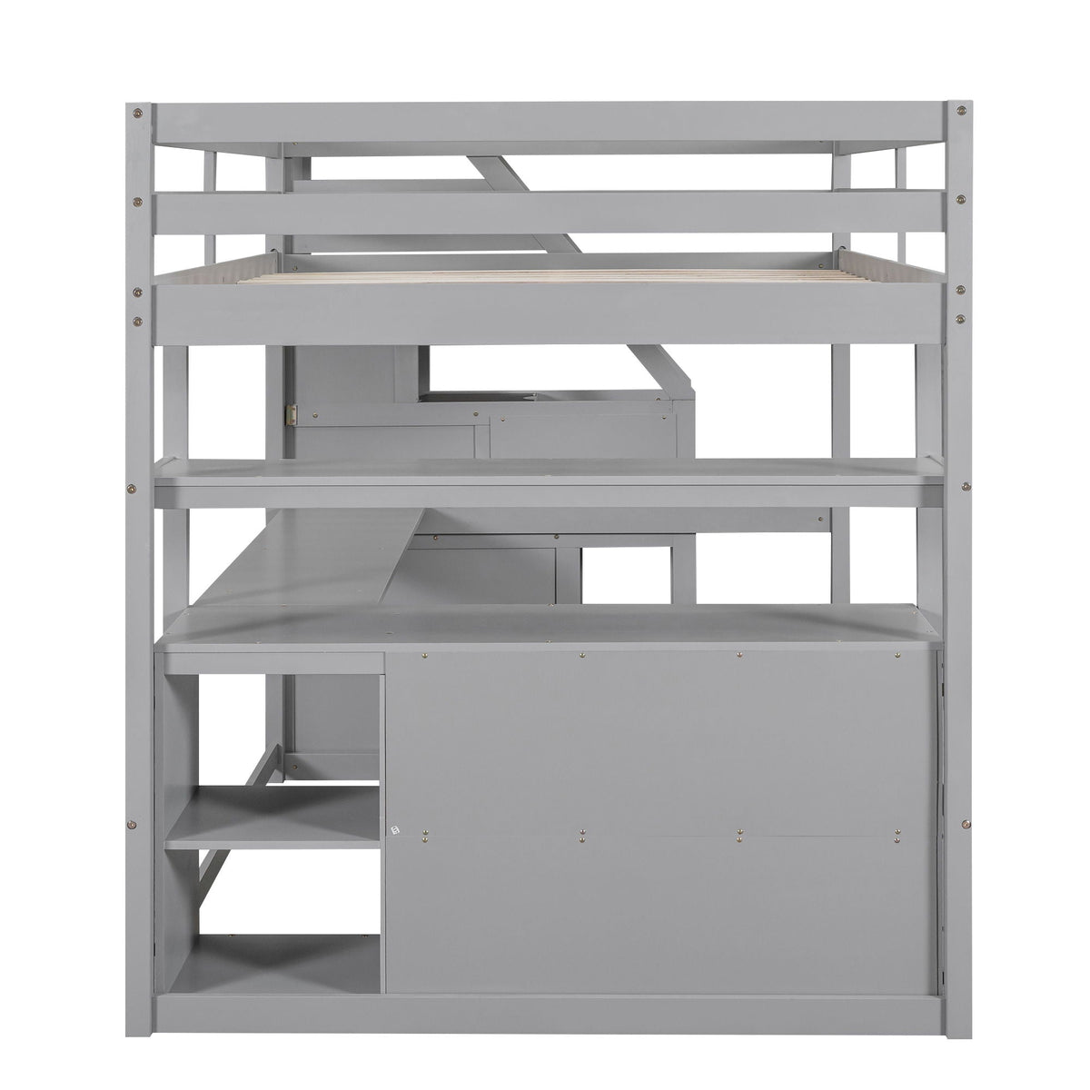 Loft Bed with Desk and Storage Staircase - Full or Twin, White or Gray