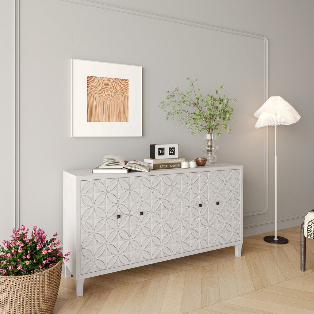 White Wash 4-Door Sideboard Cabinet with Adjustable Shelves