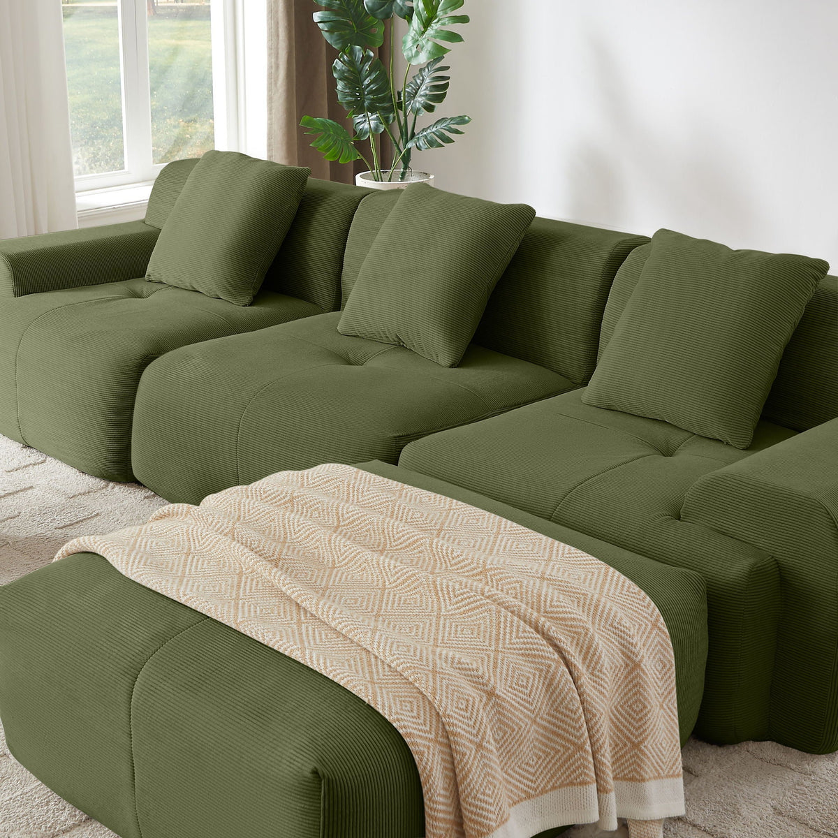 L Shaped Modular Sectional Sofa with Deep Seat and Movable Ottoman - Dark Gray or Green