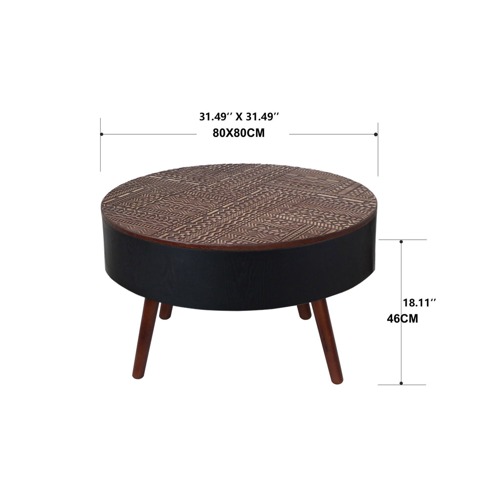 Round Coffee Table with Storage Function - Carved Wood Top - Dark Brown or Black