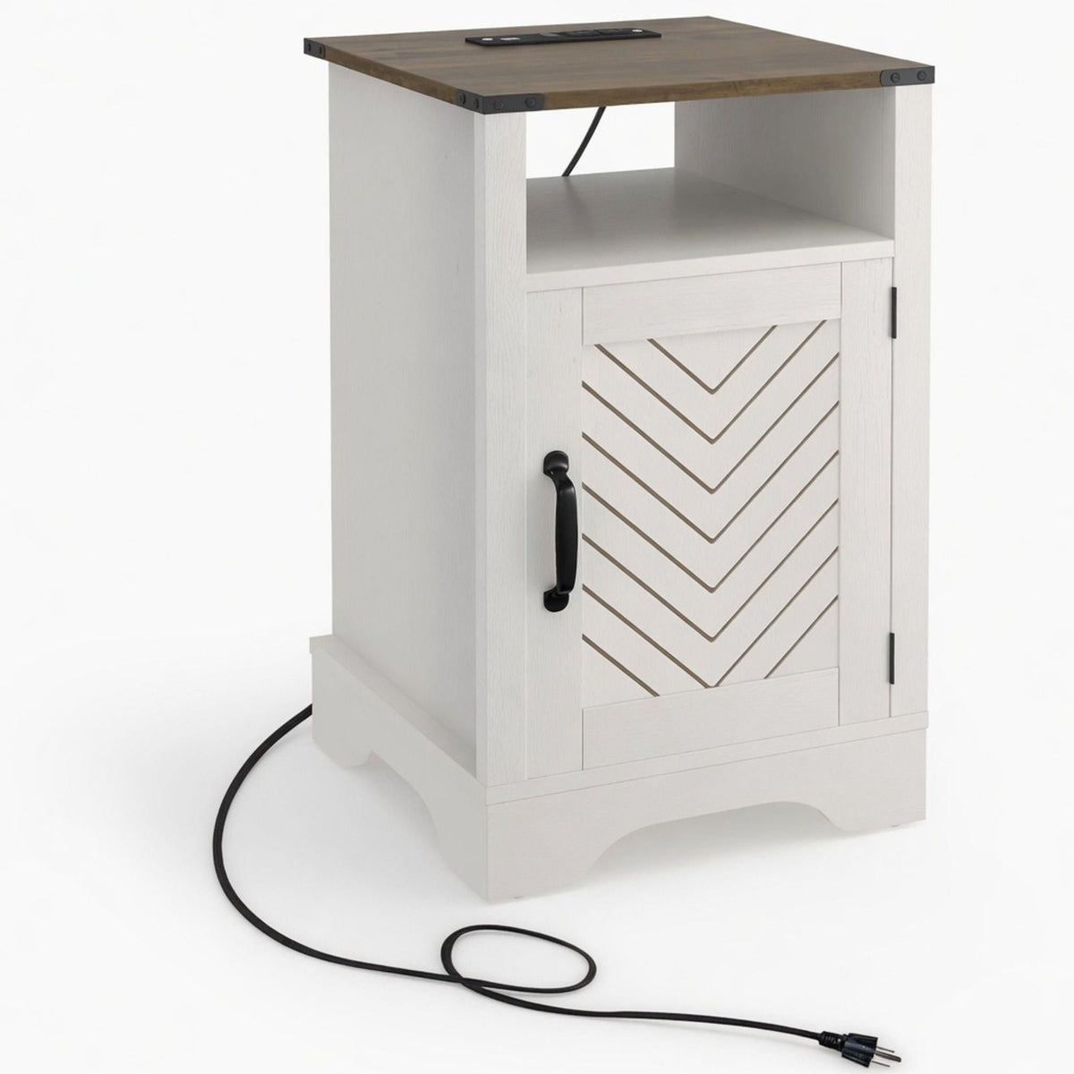Farmhouse Nightstand with Charging Station & Storage - White