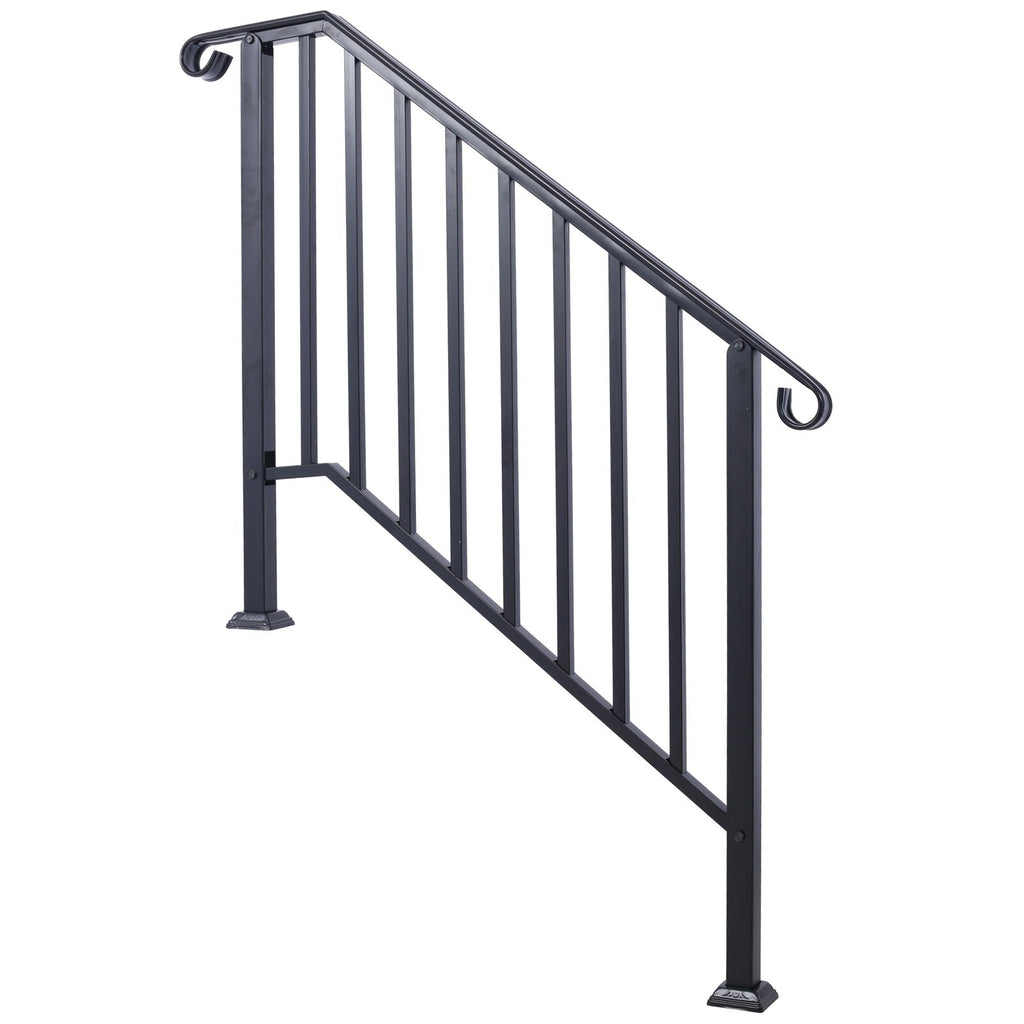 Wrought Iron Outdoor Handrail for 2 or 3 Steps with Rustproof Finish - Black