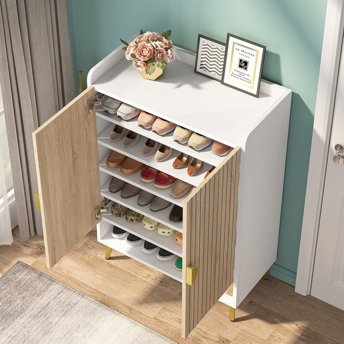 Shoe Cabinet With Doors, 7 Tier Storage Organizer with Adjustable Shelves - Dark Brown, Light Brown, or White