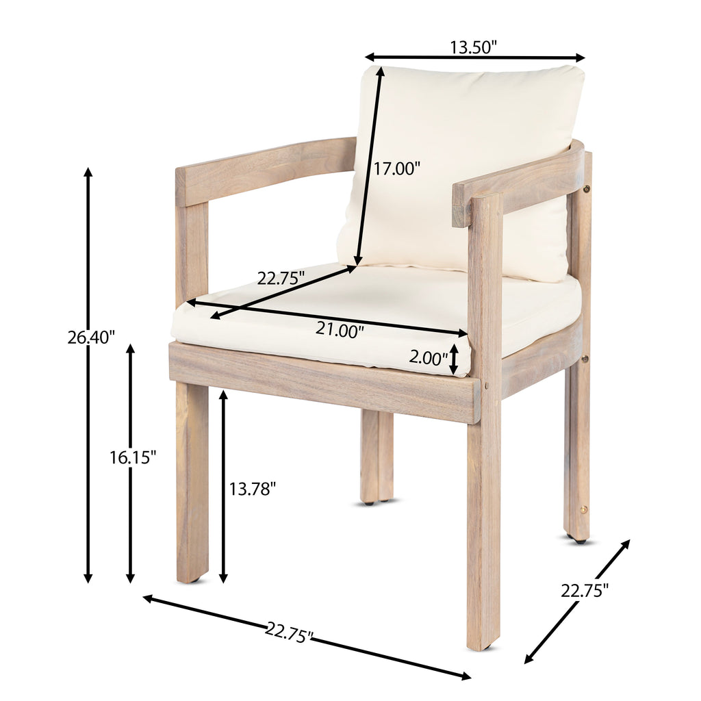 Acacia Wood Dining Chairs Set of 2 with Armrests and Cream Cushions