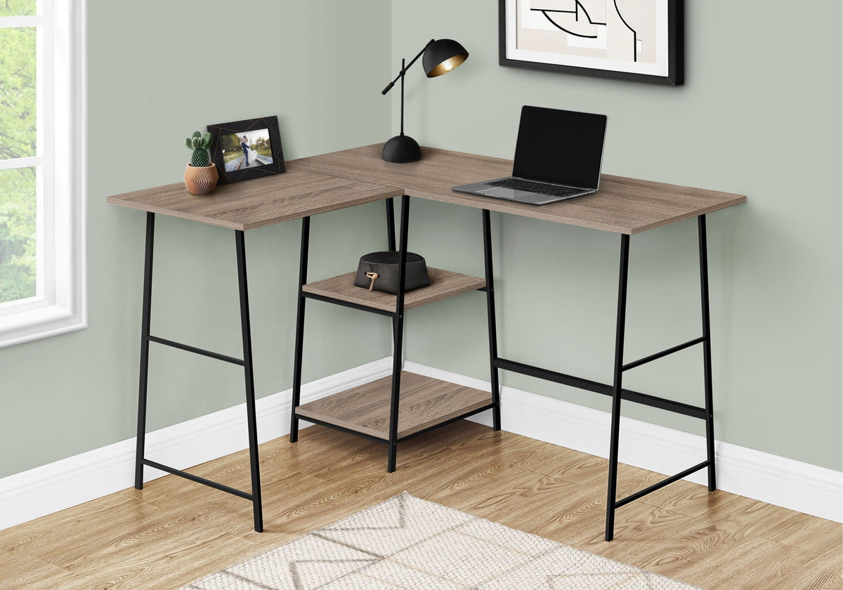 L-Shape Corner Computer Desk with Storage Shelves - Modern Wood & Metal - Light Brown, Gray, Dark Brown