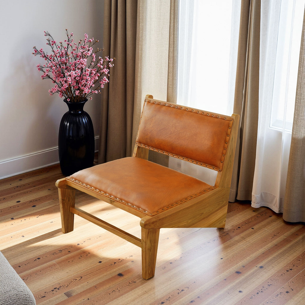Solid Wood Accent Chair with Leather Upholstery - Living Room