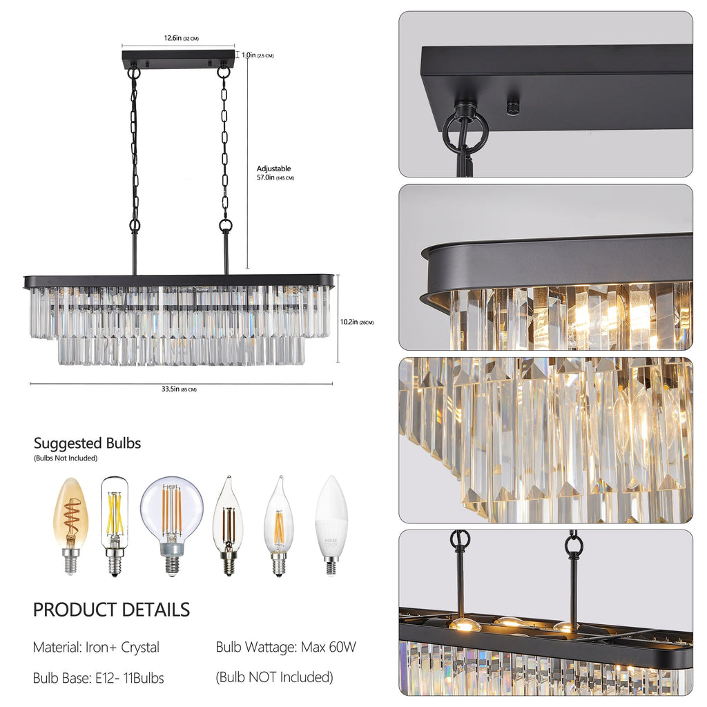Rectangular Crystal Chandelier with Adjustable Height - Black Iron & Crystal