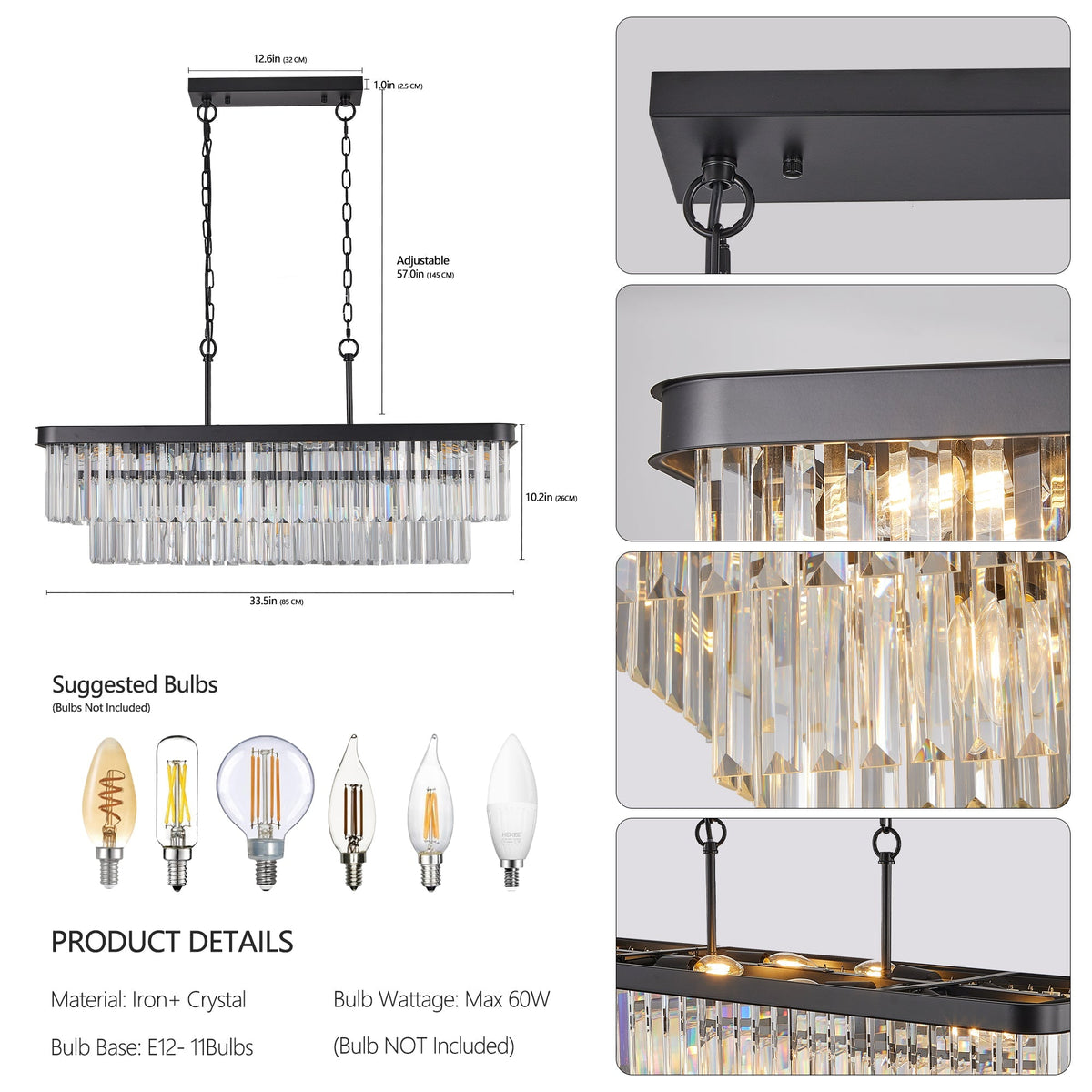 Rectangular Crystal Chandelier with Adjustable Height - Black Iron & Crystal
