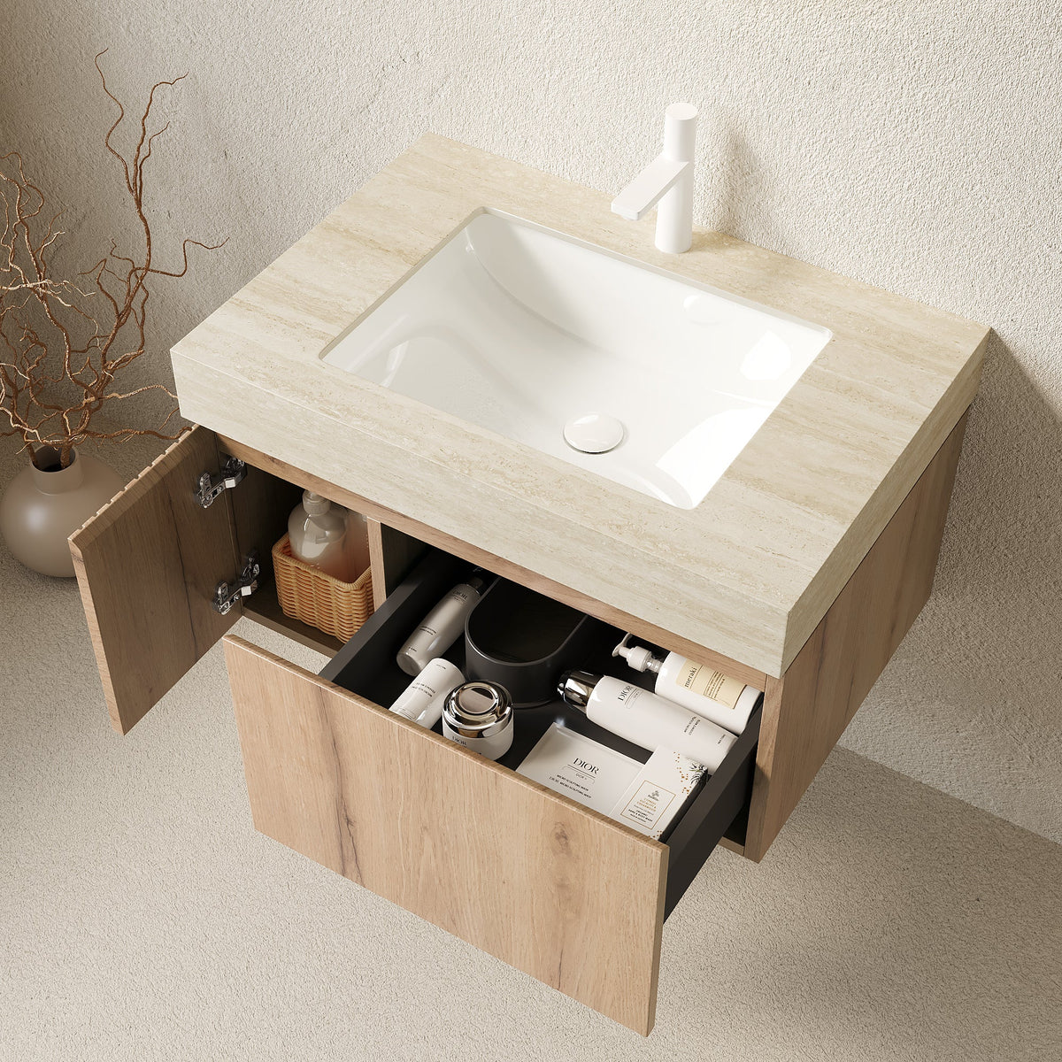 MURI 30" Bathroom Vanity with Sintered Stone Top & Ceramic Basin - Beige, White Oak or Brown Oak