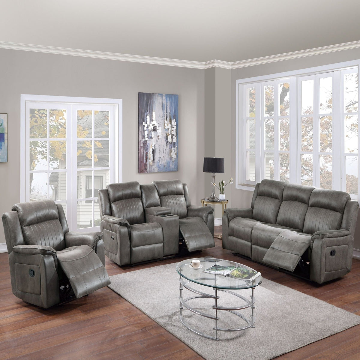 Contemporary Living Room Set with Manual Recliners - Dark Gray