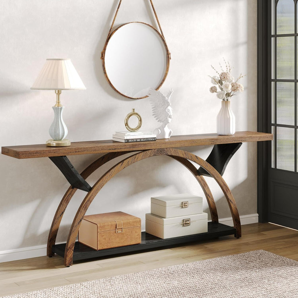 Console Table with 2-Tier Storage and Half Moon Frame - Brown / Black