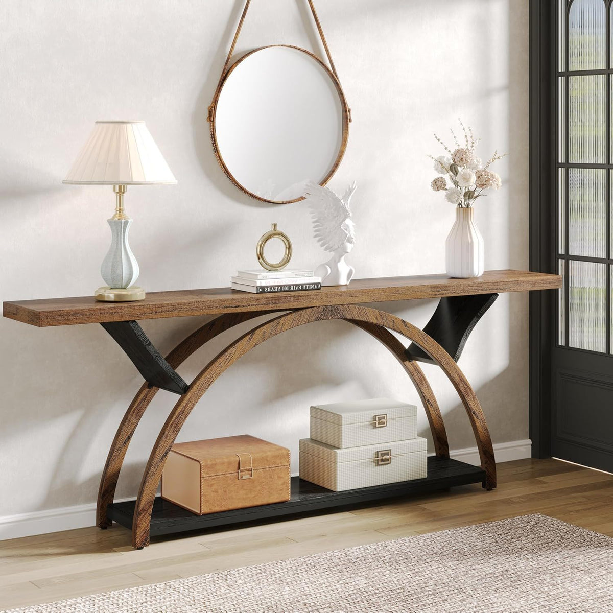 Console Table with 2-Tier Storage and Half Moon Frame - Brown / Black