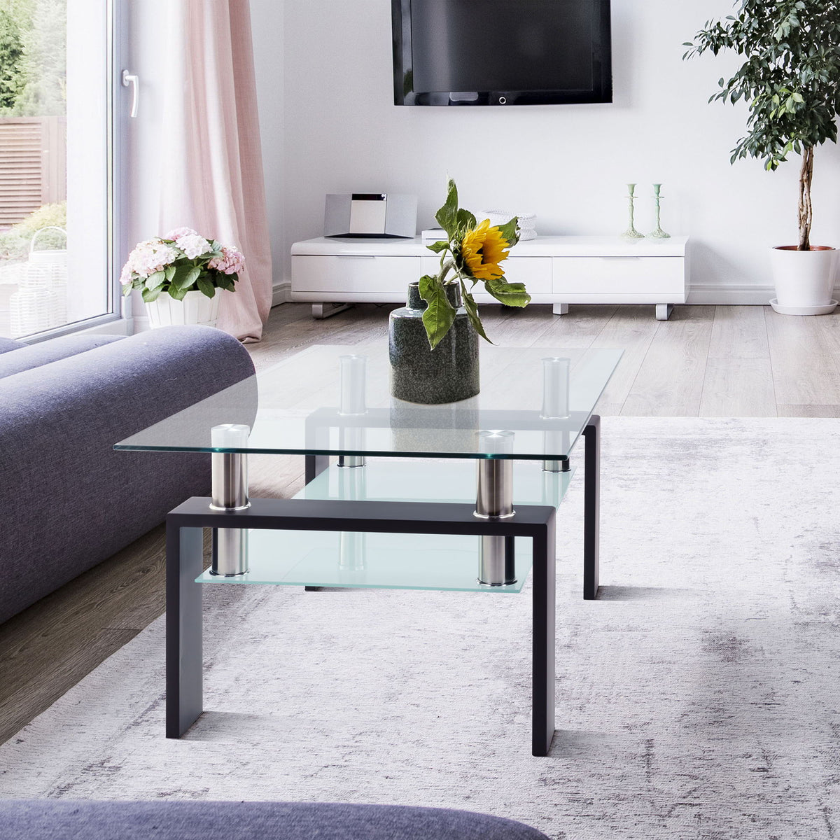 Modern Rectangular Coffee Table with Tempered Glass Top - White or Dark Brown