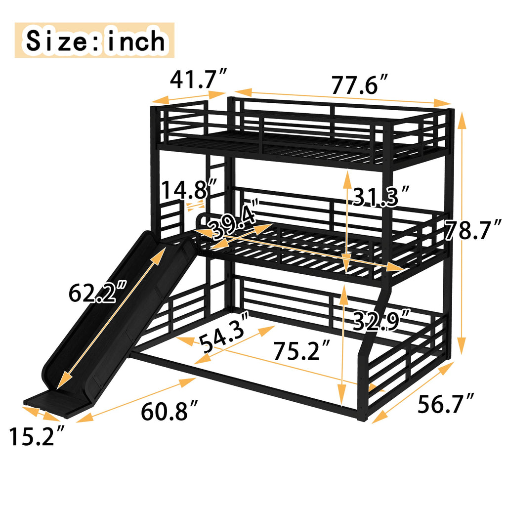 Twin Over Twin Over Full Bunk Bed with Slide - Metal Frame