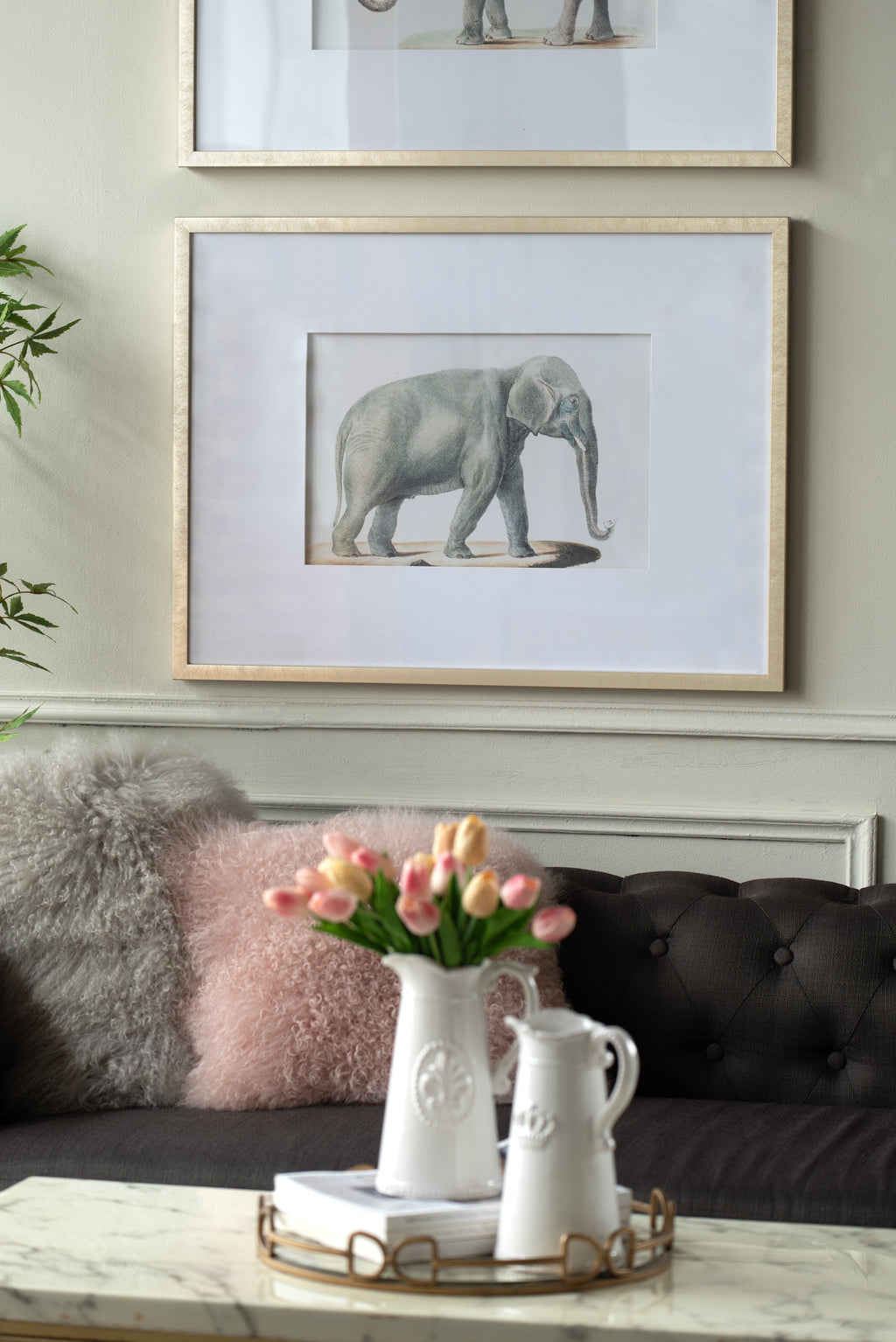 Elephant Pencil Drawings Wall Art Set with Glass Frames - Gray