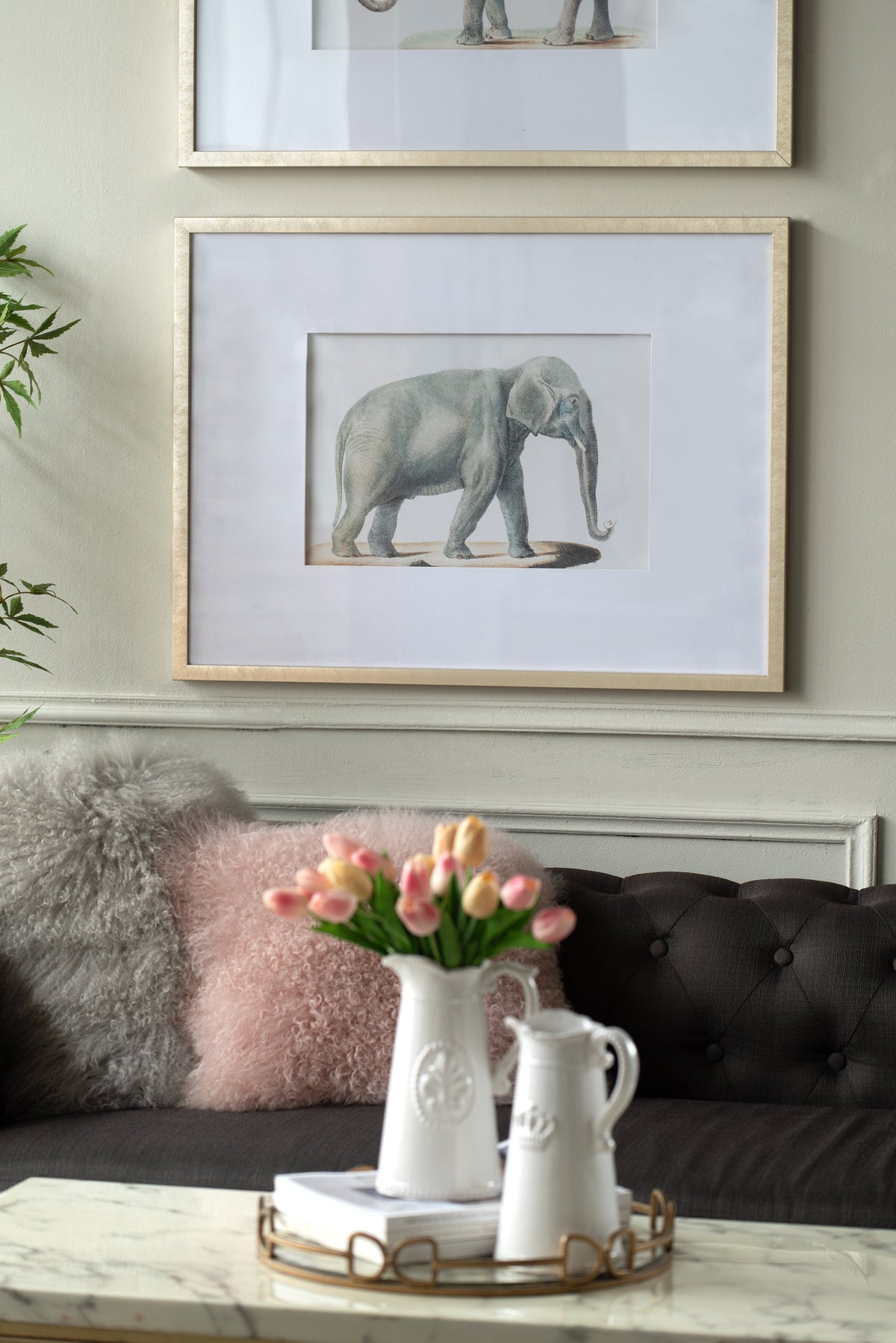 Elephant Pencil Drawings Wall Art Set with Glass Frames - Gray
