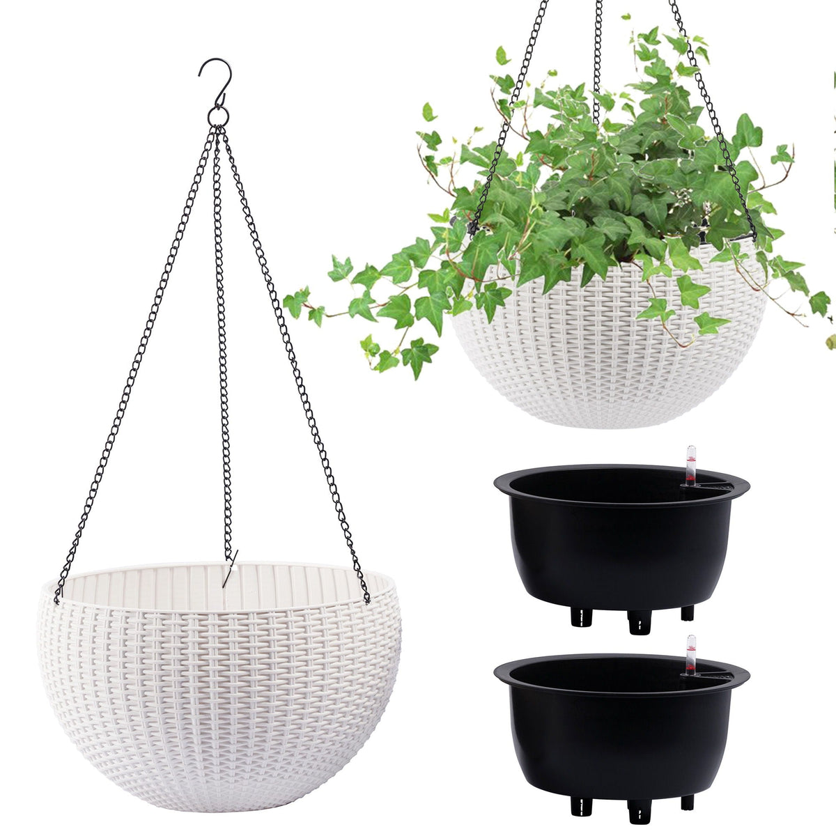 Self Watering Hanging Planter with Water Level Indicator - White, Black, or Dark Brown