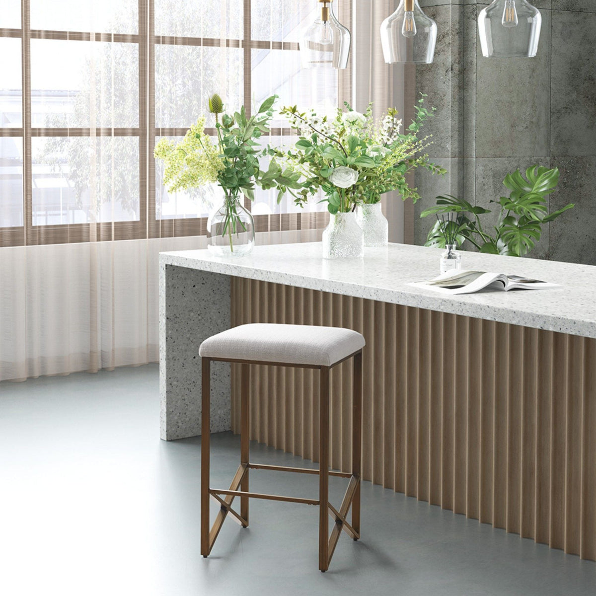Ivory Backless Upholstered Counter Stool with Padded Seat - Bronze Base