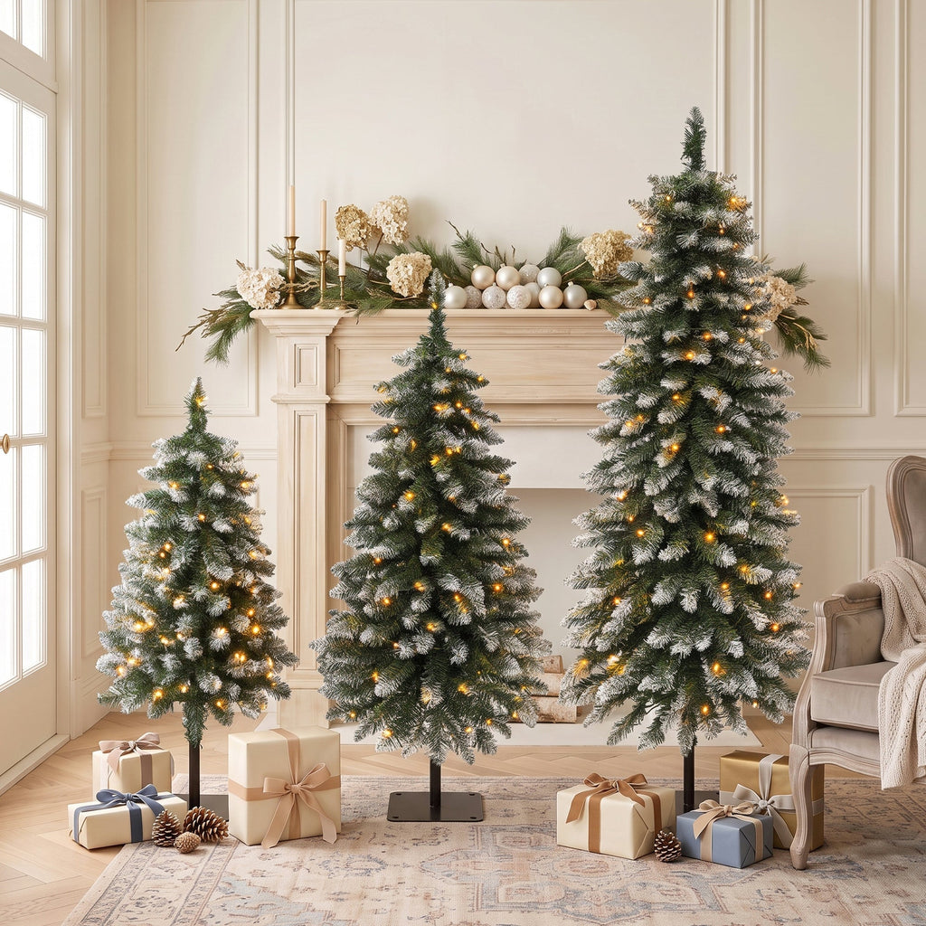 Pre-Lit Snow Flocked Pencil Christmas Tree Set - White (3-Pack)