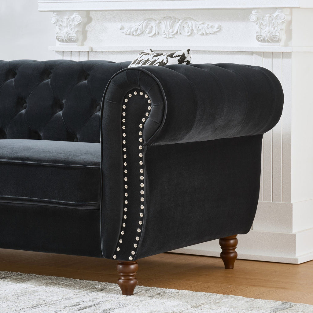 Chesterfield 3 And 2 Seater Upholstery Sofa with Roll Armrest & Nailhead Fabric Couch - Black