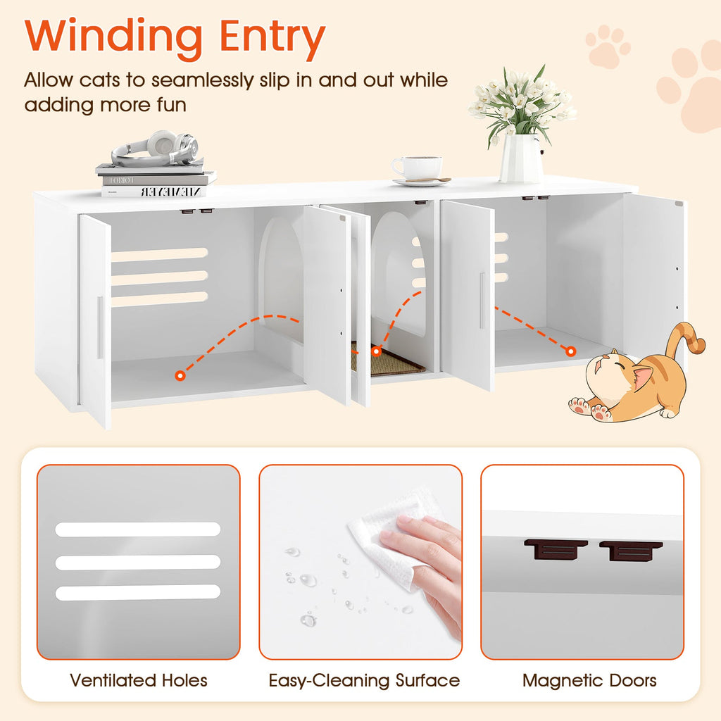 Cat Litter Box Enclosure for 2 Cats with Double Rooms and Sisal Scratching Mat-White