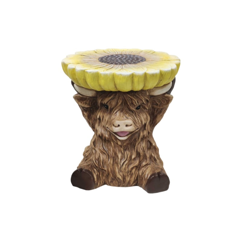 Highland Cow Stool with Sunflower Top - Resin Farmhouse Stool