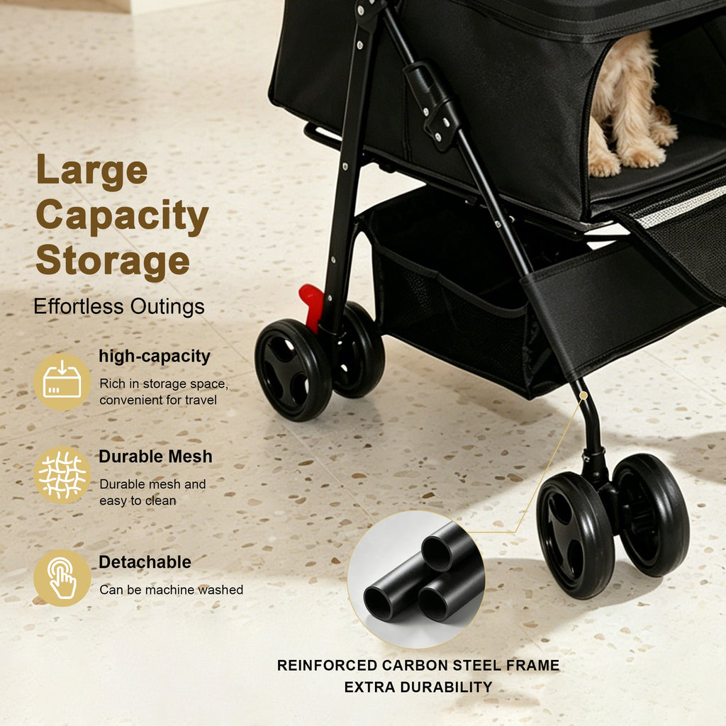 Foldable Pet Stroller with Mesh Panels and Storage Basket - Black, Pink, or Blue