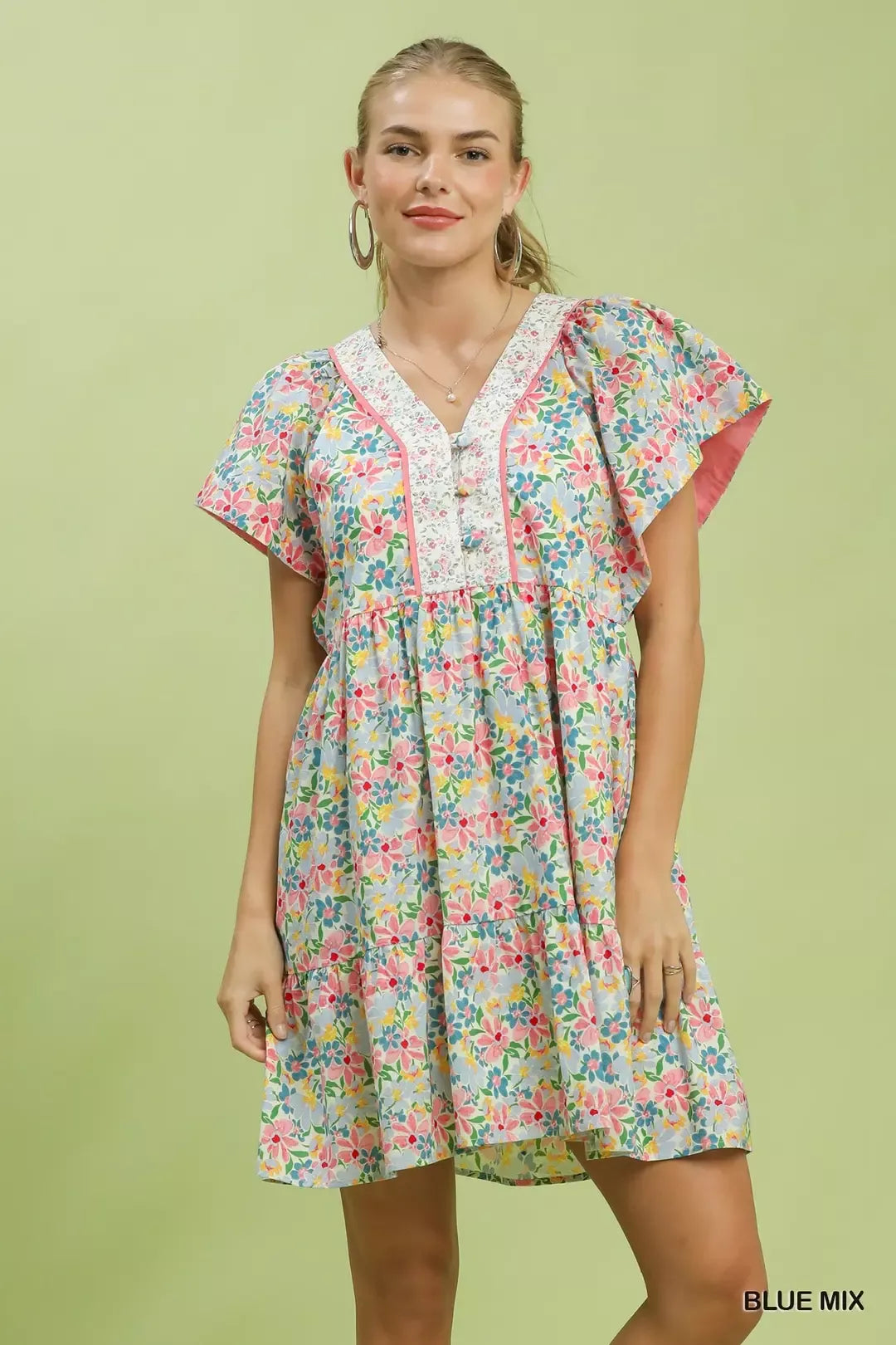 Umgee Mix Floral Tiered Mini Dress with Side Pockets