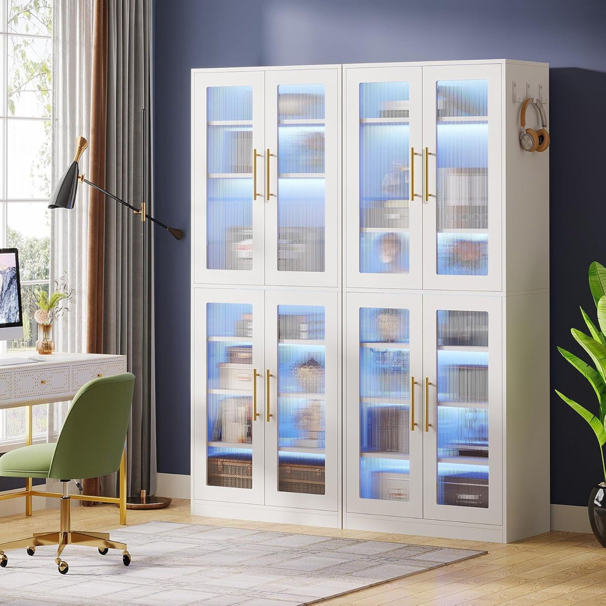 Bookcase With Doors and LED Lighting with Adjustable Shelves - Black, Gray, White