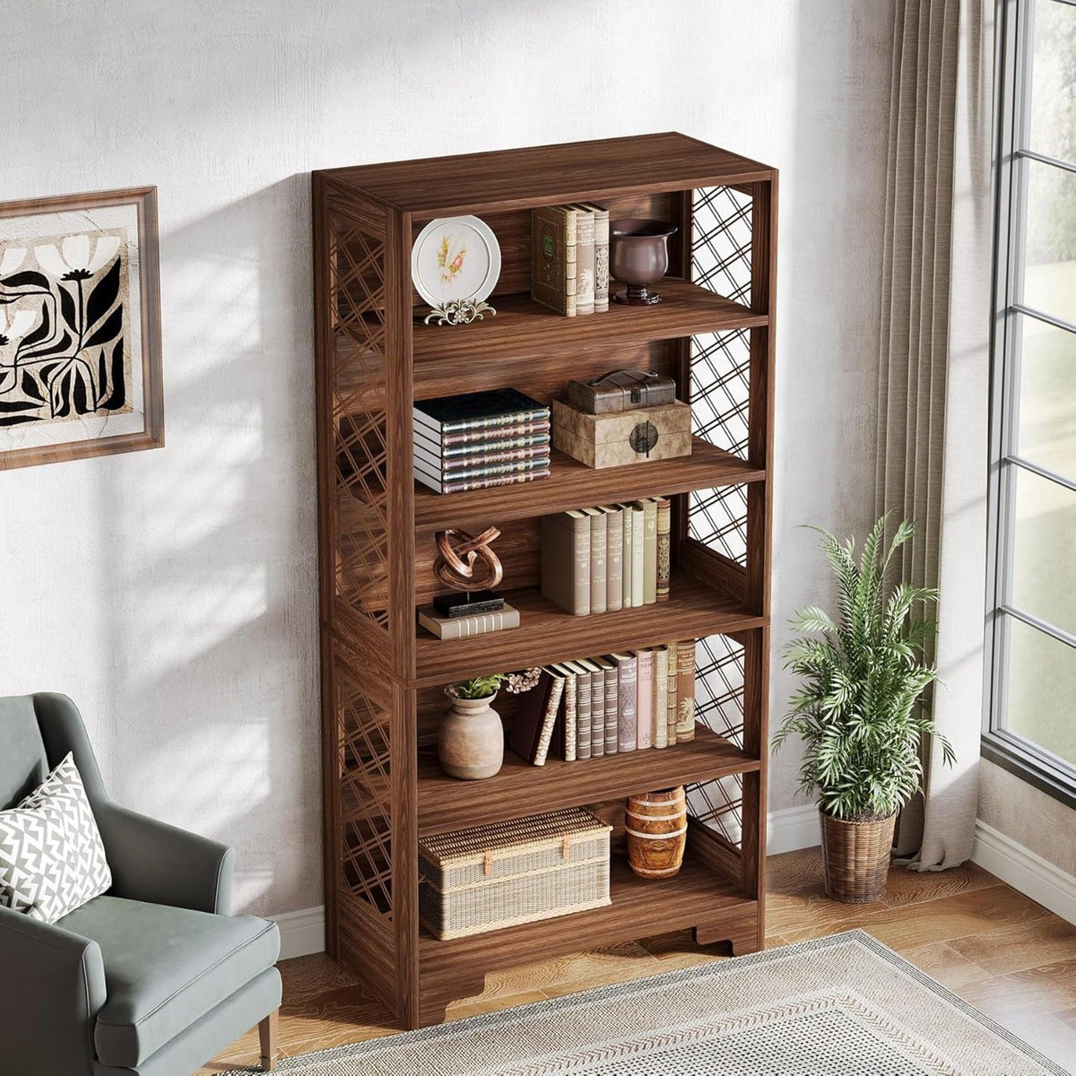 6 Tier Brown Mid Century Bookcase with X Design - Brown