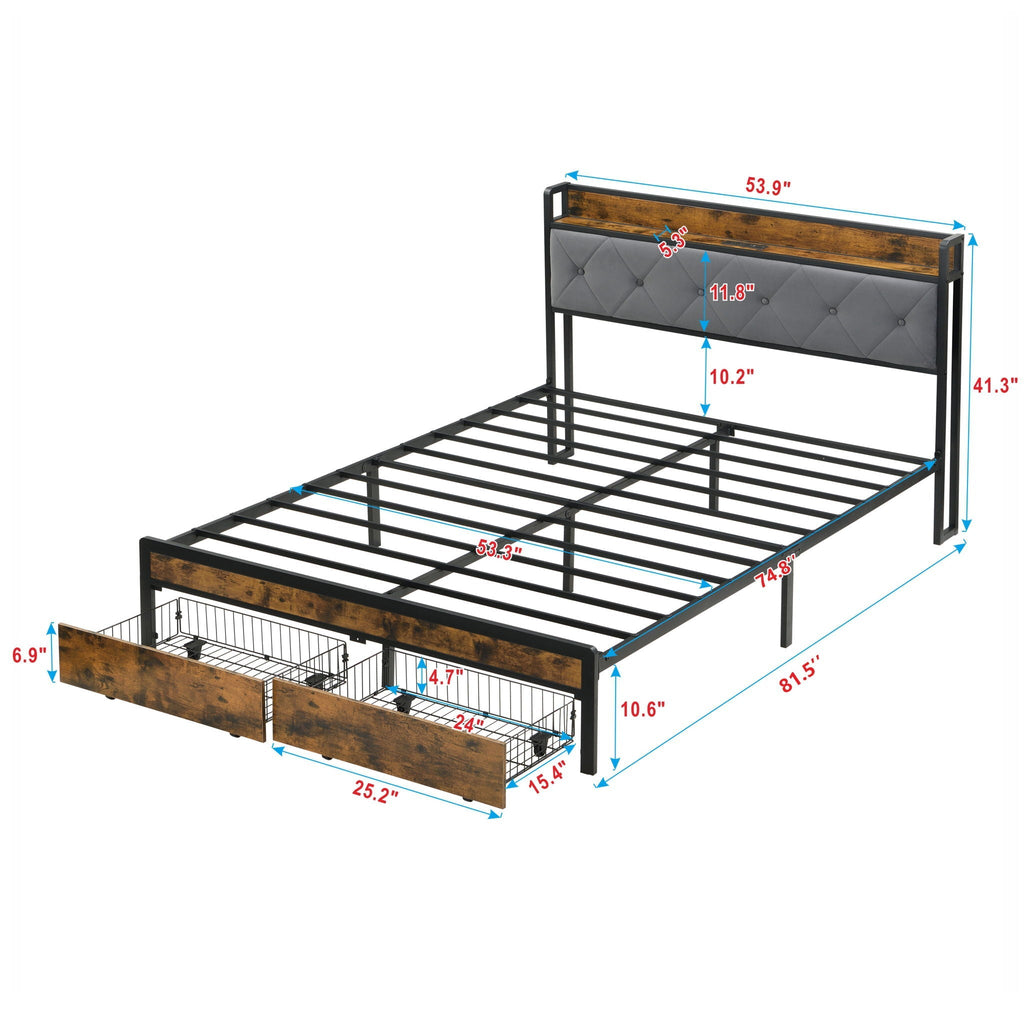 Modern Platform Bed Frame with LED Lights and USB Charging - Dark Brown or Light Brown