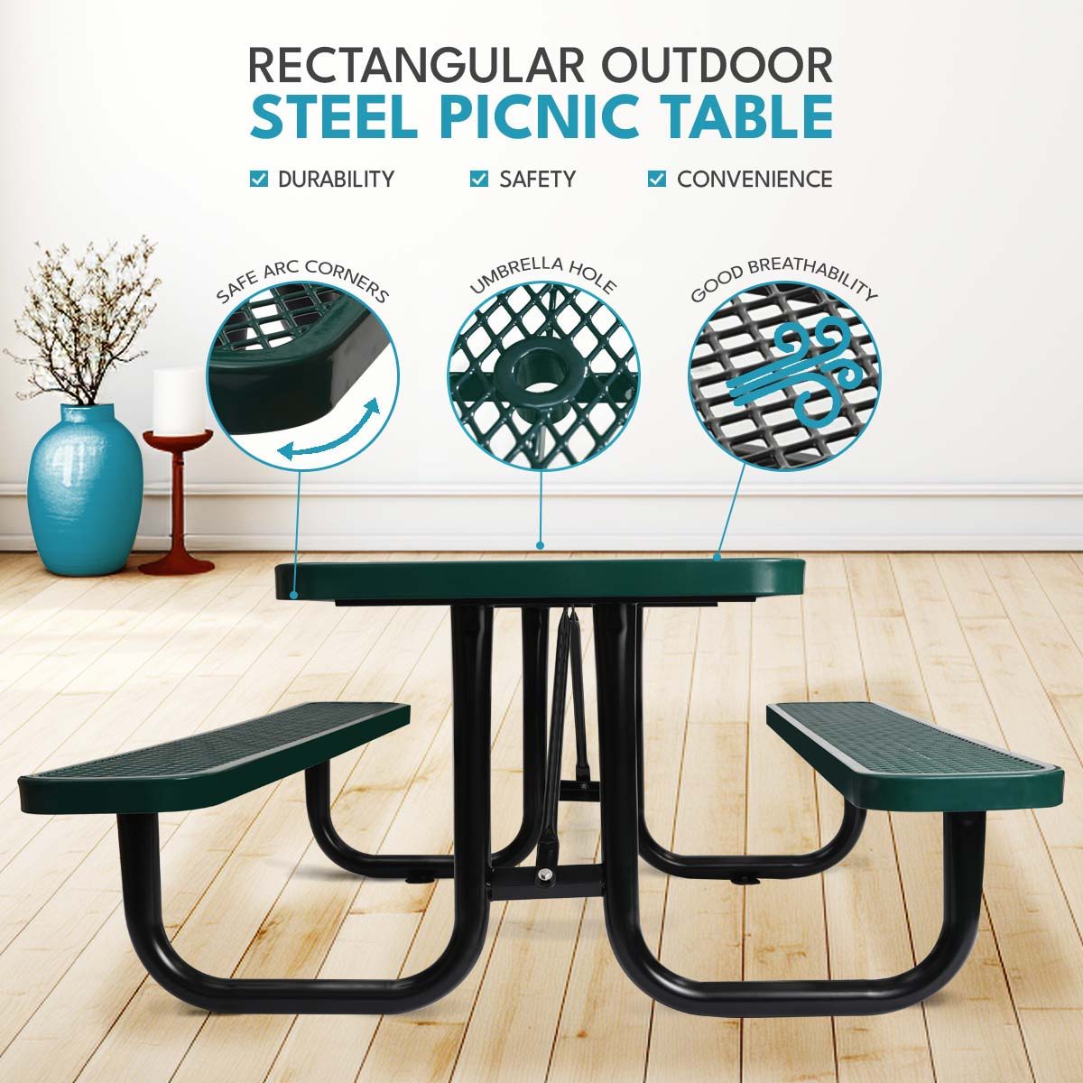 Outdoor Steel Picnic Rectangular Table with Umbrella Pole - Black, Blue, or Dark Green