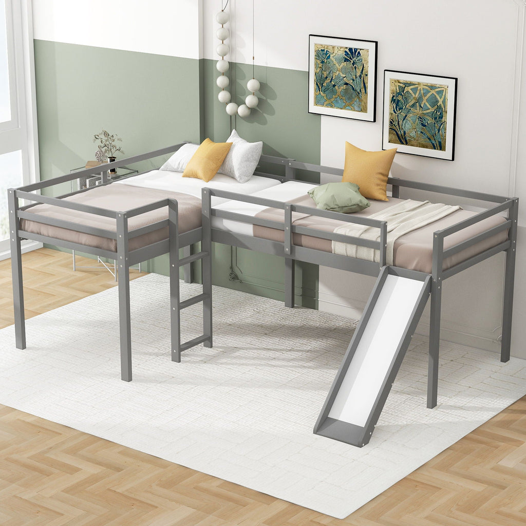 L Shaped Loft Bed with Slide and Ladder - Twin Size, Solid Wood - White or Dark Gray