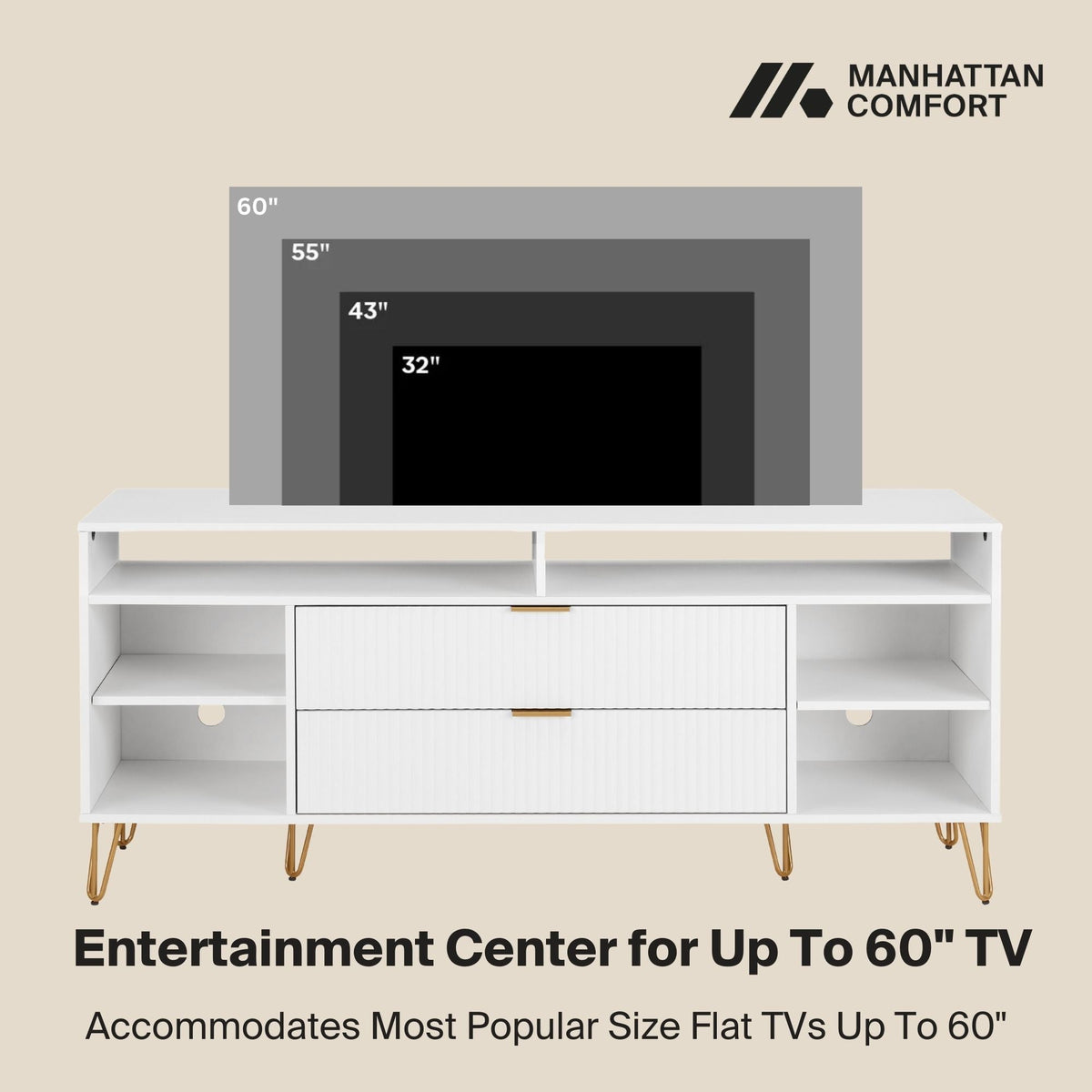 Fluted TV Stand with Storage and Metal Legs - Multiple Colors