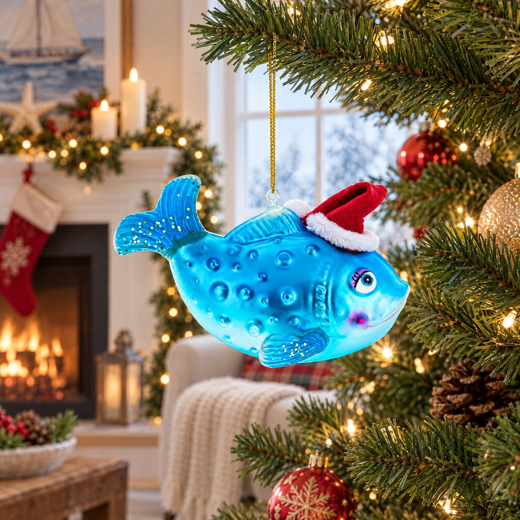 Fish in the Santa Hat Glass Christmas Ornament