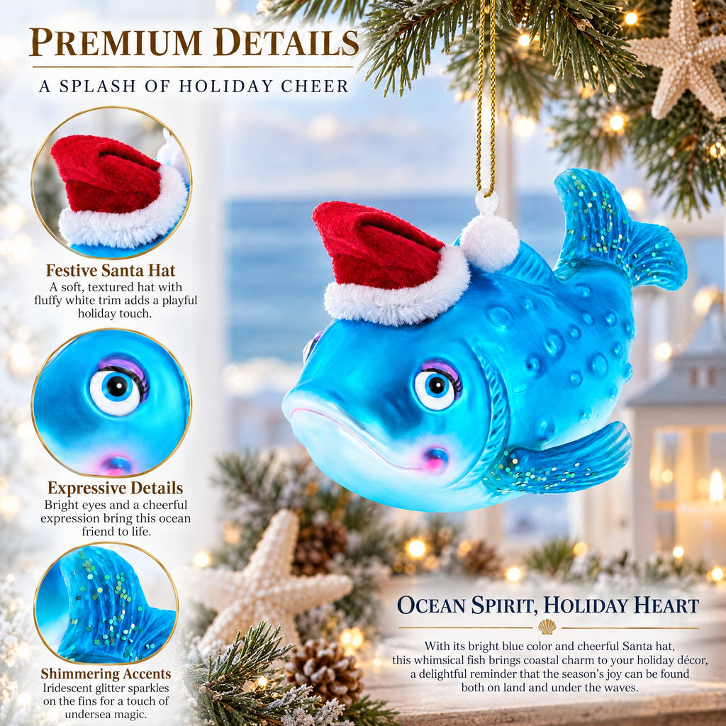 Fish in the Santa Hat Glass Christmas Ornament