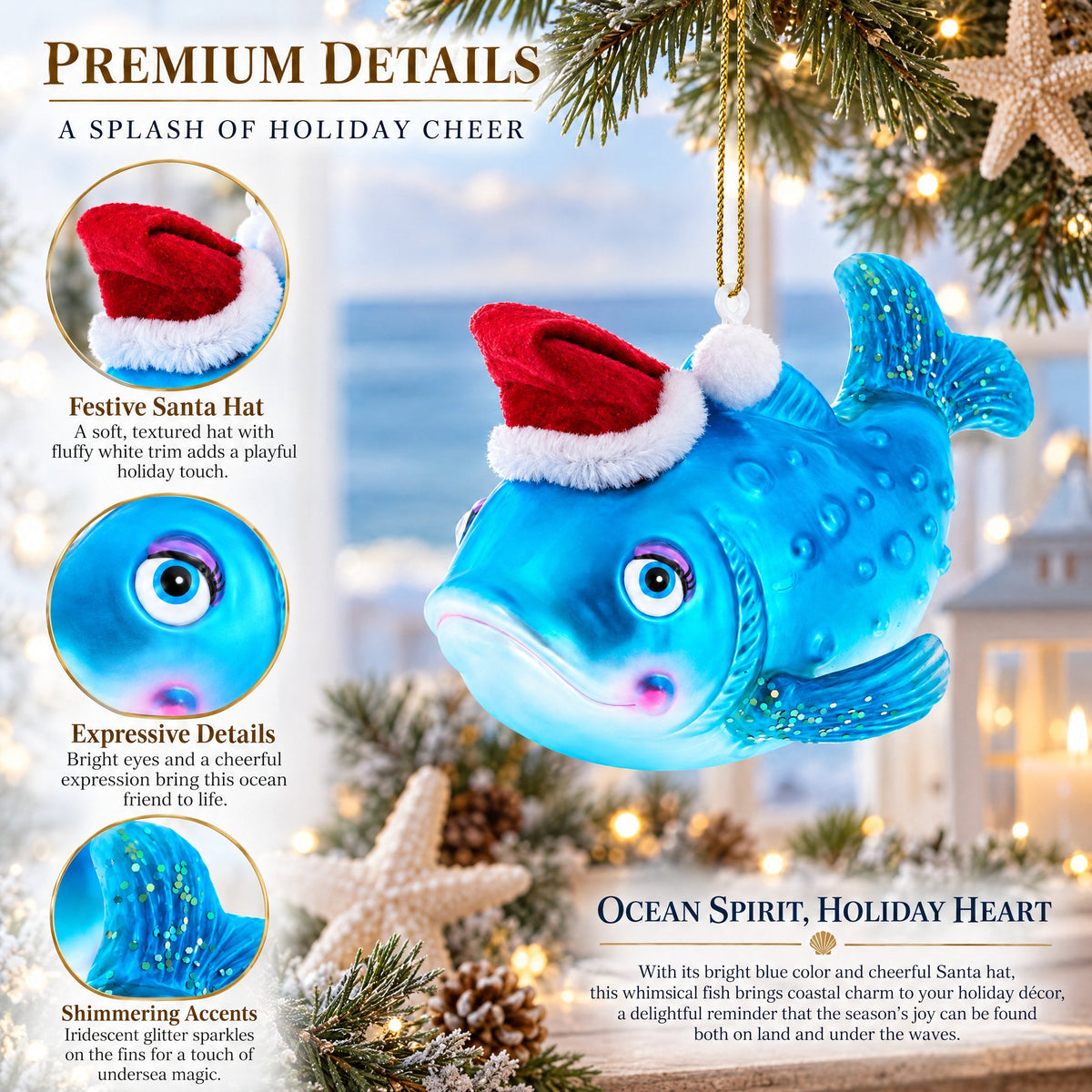 Fish in the Santa Hat Glass Christmas Ornament