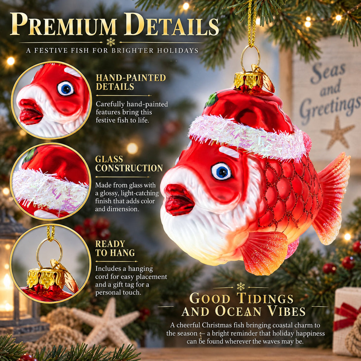 Grandpa Fish in Santa Hat Glass Christmas Ornament
