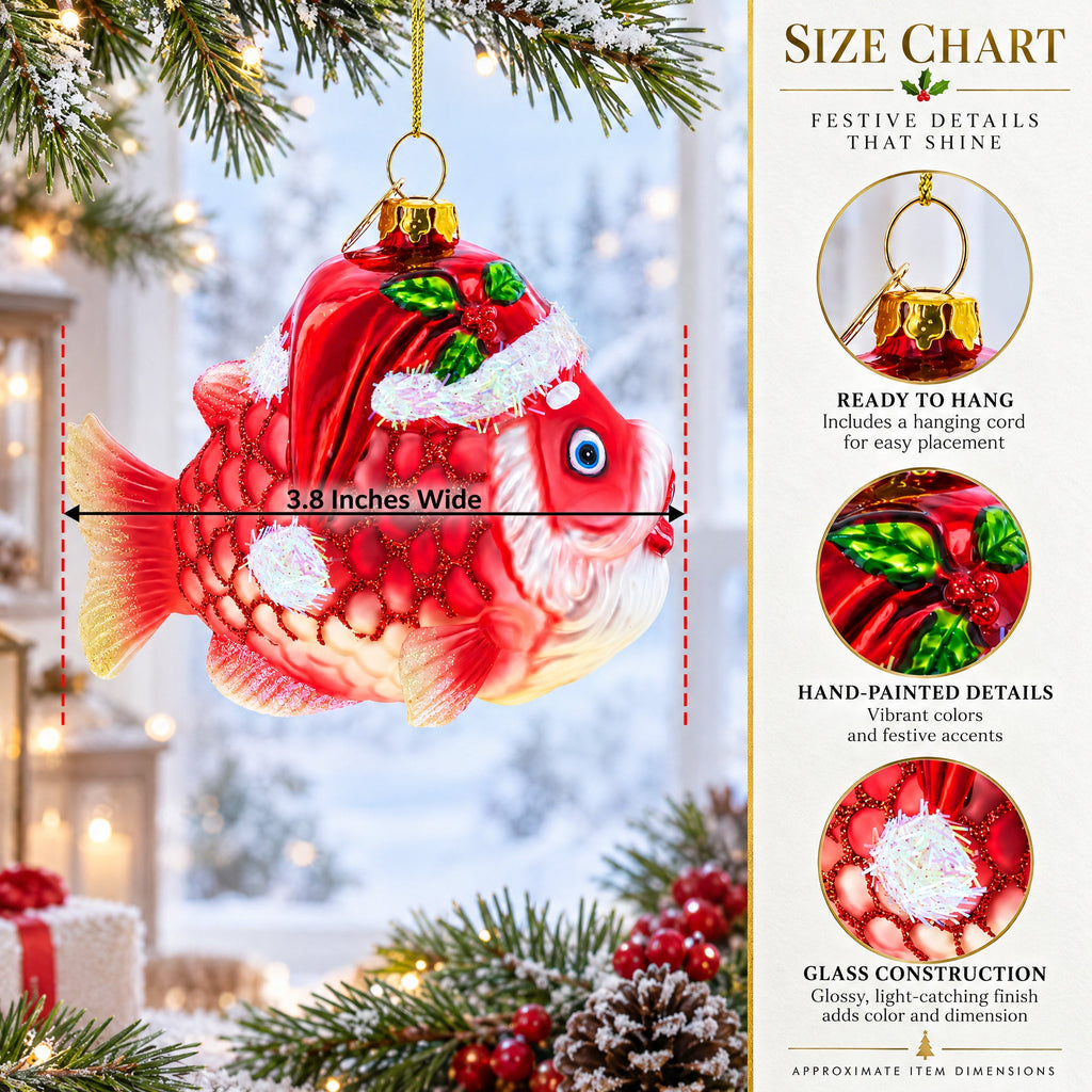 Grandpa Fish in Santa Hat Glass Christmas Ornament