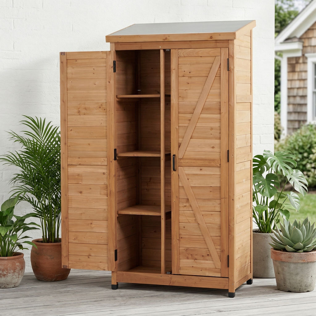 Outdoor Storage Shed with Vertical Tool Cabinet - Solid Wood, Dark Gray or Light Brown
