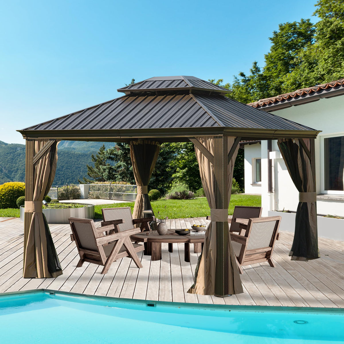 10' x 12' Hardtop Gazebo with Galvanized Steel Double Roof - Brown