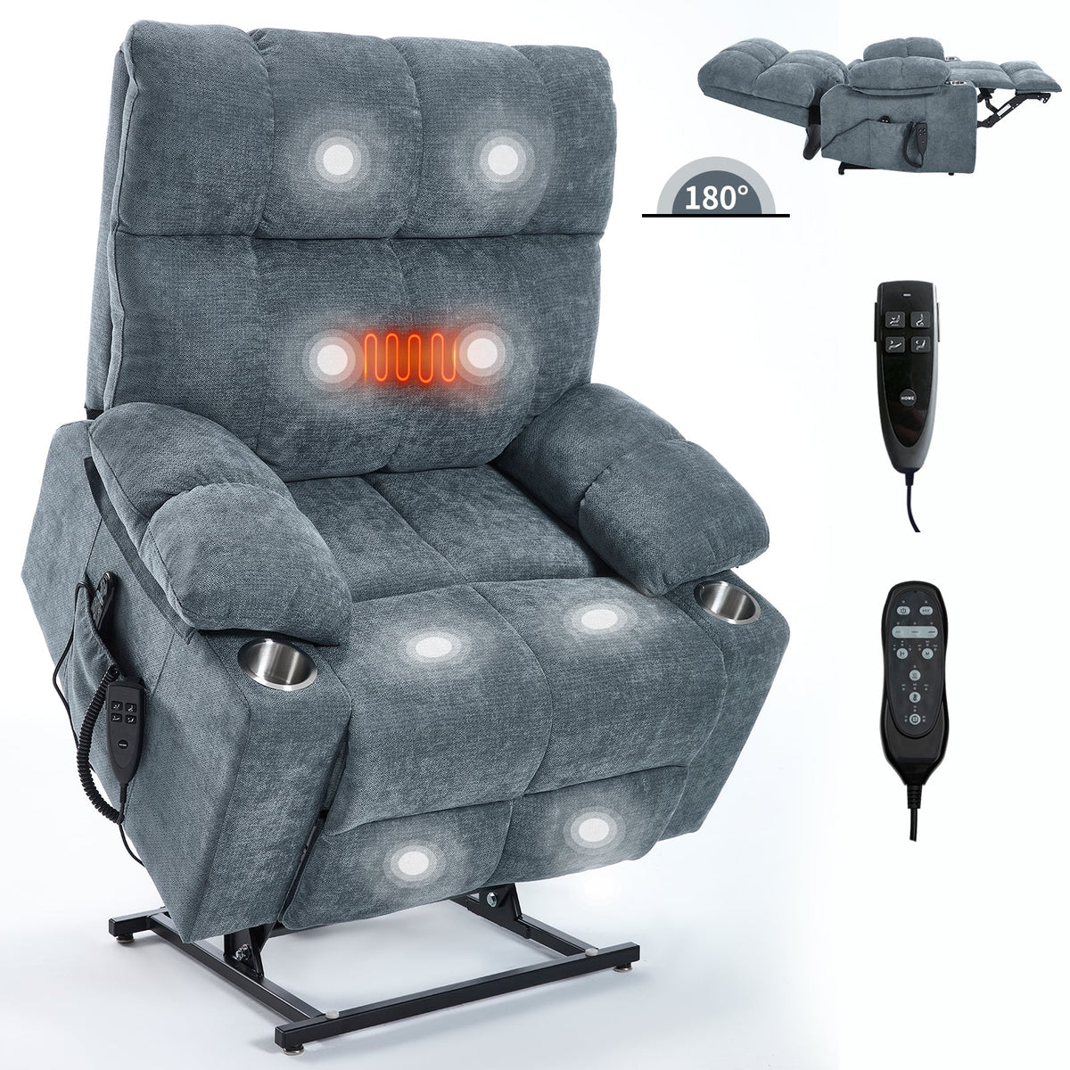 Grey Chenille Power Lift Recliner Chair with Massage - Grey