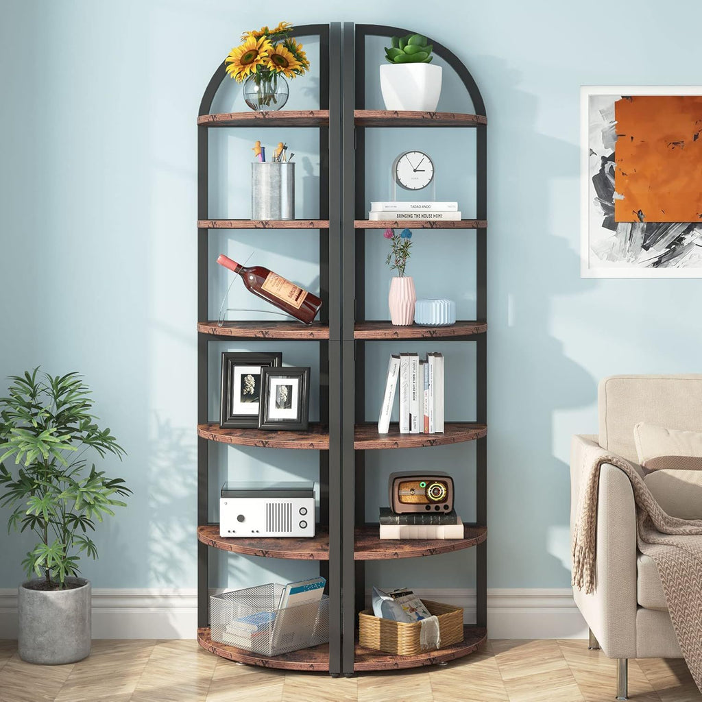 Tall 6 Tier Corner Shelf with Sturdy Metal Frame - Rustic Brown