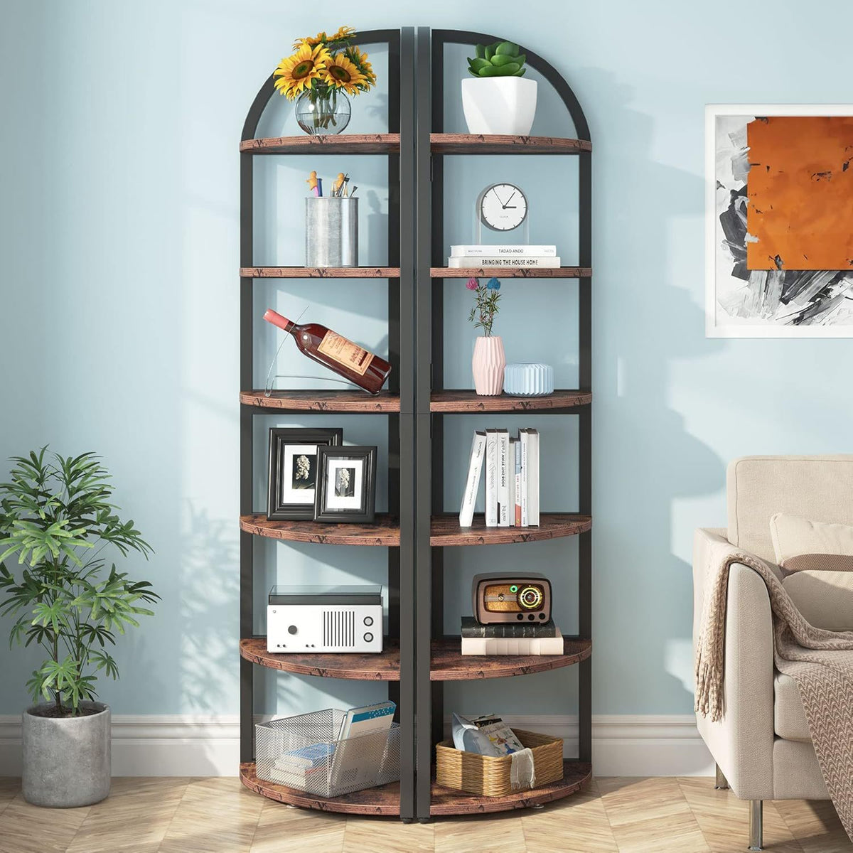 Tall 6 Tier Corner Shelf with Sturdy Metal Frame - Rustic Brown