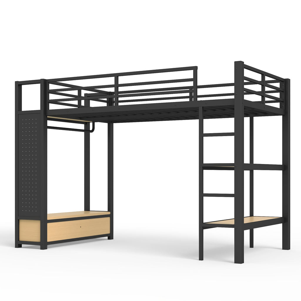 Twin XL Loft Bed Frame with Wardrobe and Shelves - Black