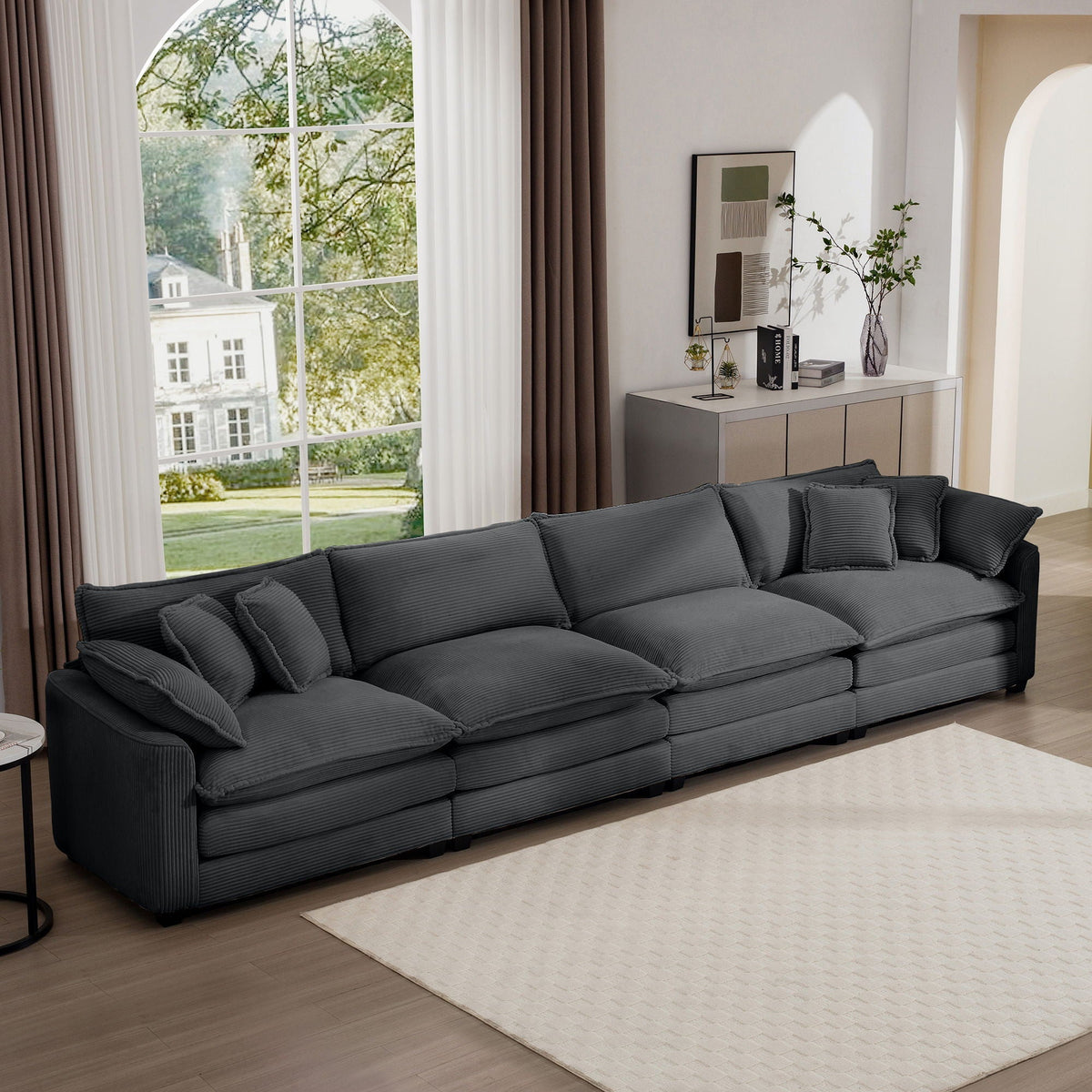 Modern Upholstered 4 Seater Fabric Sofa with Arm and Throw Pillows - Multiple Colors