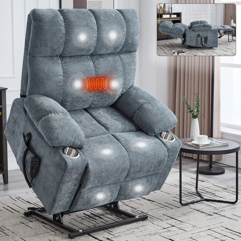 Grey Chenille Power Lift Recliner Chair with Massage - Grey