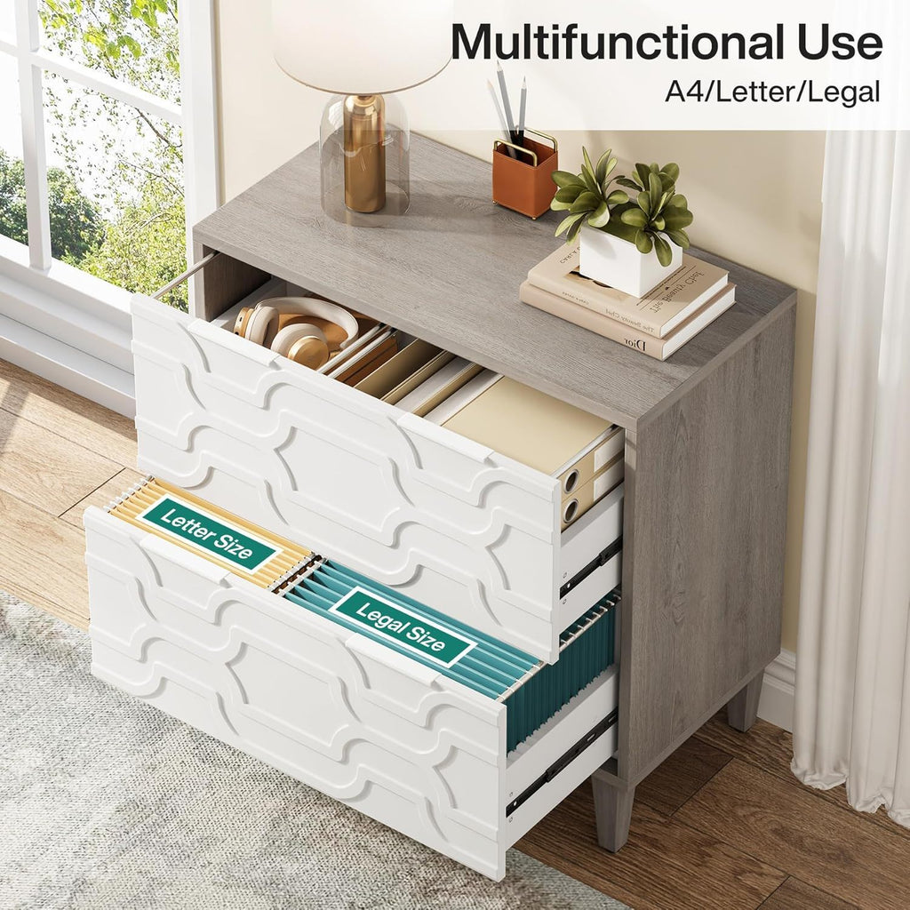 2 Drawer Lateral File Cabinet with Dual-Space Drawers - Gray / White
